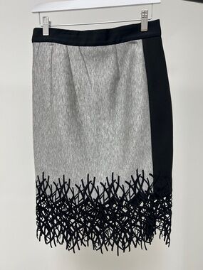 Two-Tone Gray Pencil Skirt with Black Lace-Effect Hem